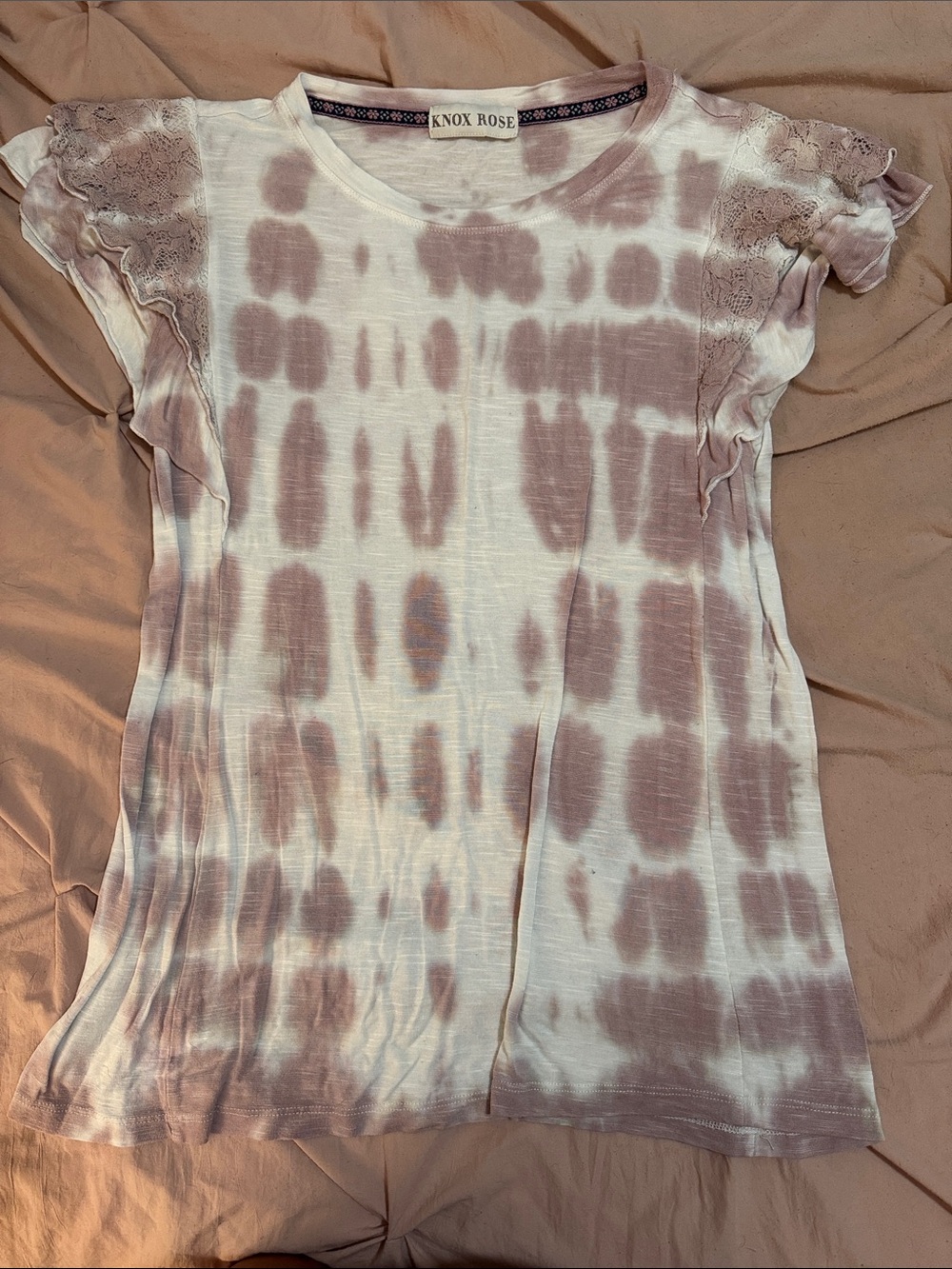 Knox Rose Mauve and White Tie-Dye Ruffle Sleeve Top